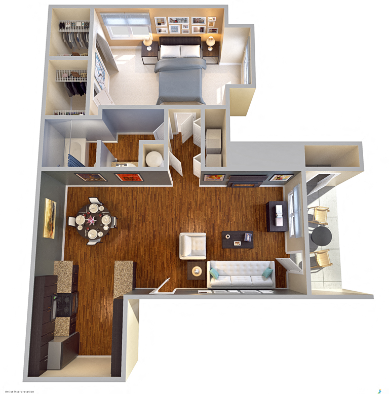 Floor plan for 1 bed, 1 bath, 762 sqft